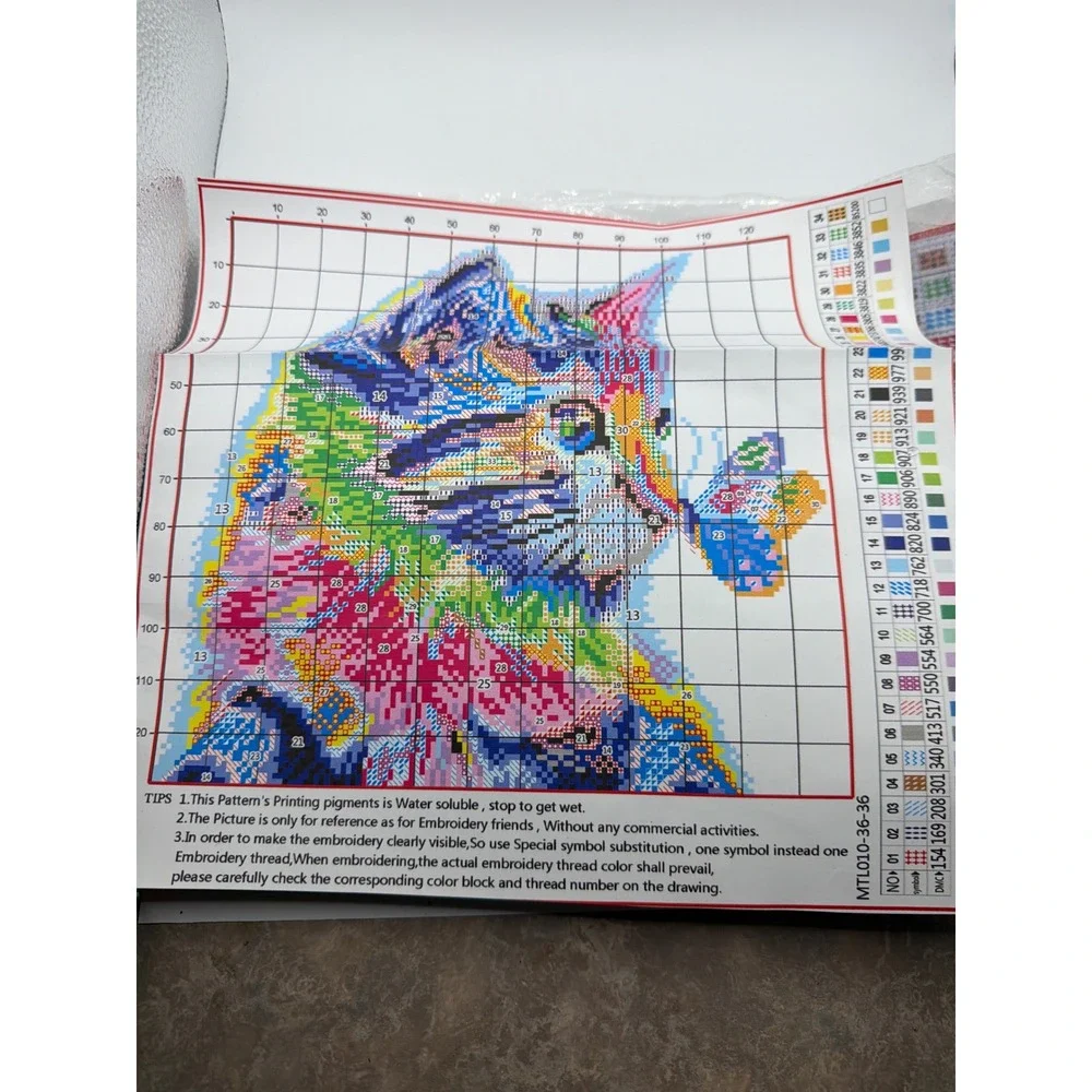 Colorful Cat Butterfly Stamped Cross Stitch Kit 36x36cm DIY Embroidery MTL010-36